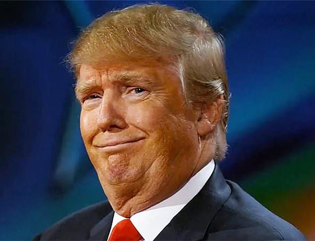 Donald Trump in a dark suit and red tie, lips pressed together, looking off to one side